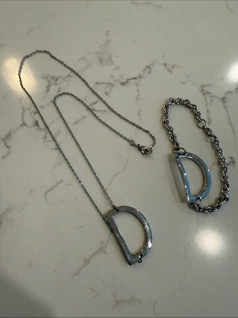 Silver-tone Monogram D-Shaped Necklace and Bracelet Set - Brand New